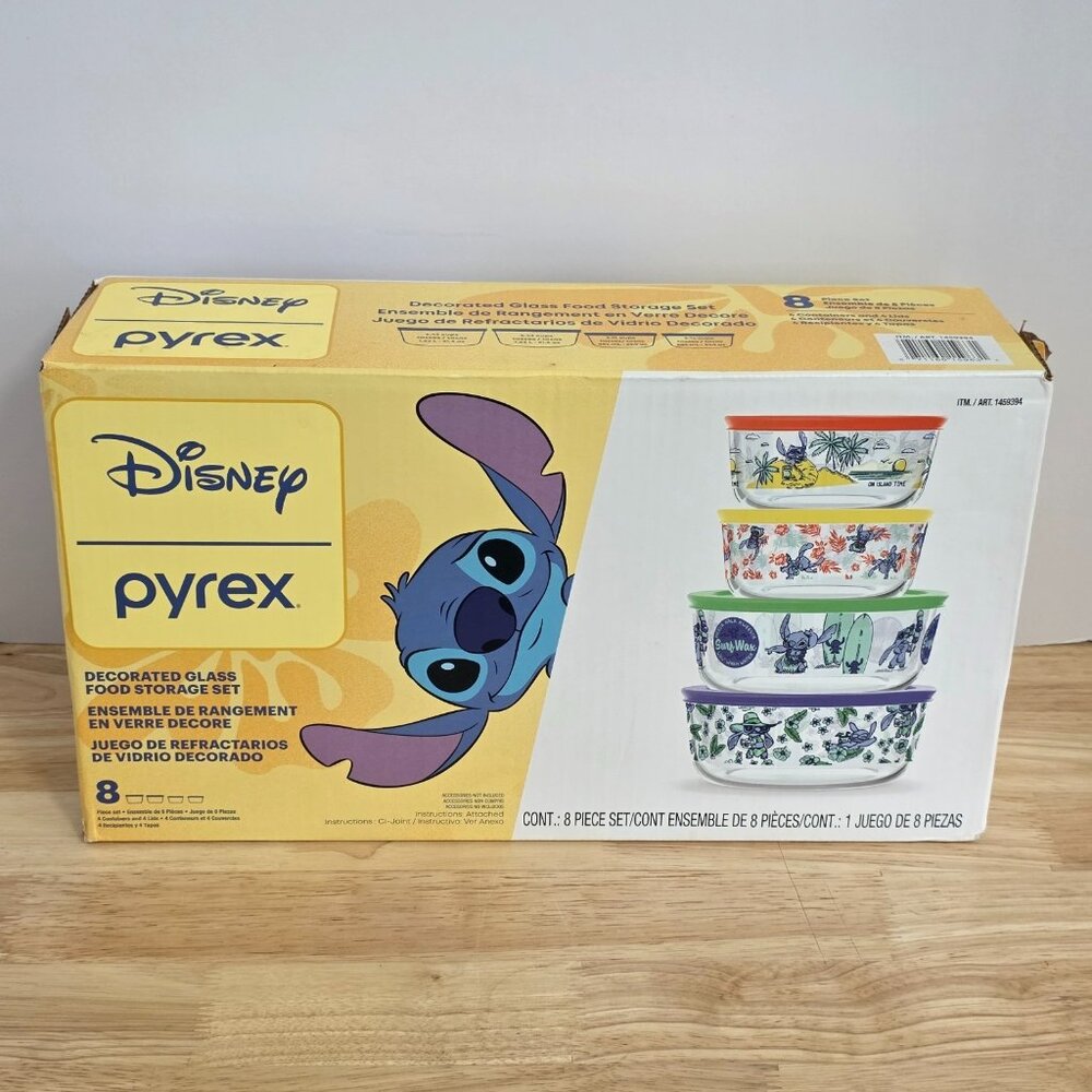 Pyrex Disney Stitch Decorated Glass Food Storage Container 8 Piece Set